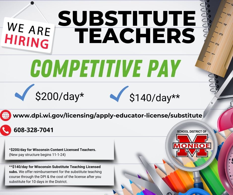 A hiring flyer for substitute teachers featuring text that reads "We are hiring substitute teachers, competitive pay, $200/day* and $140/day**".
